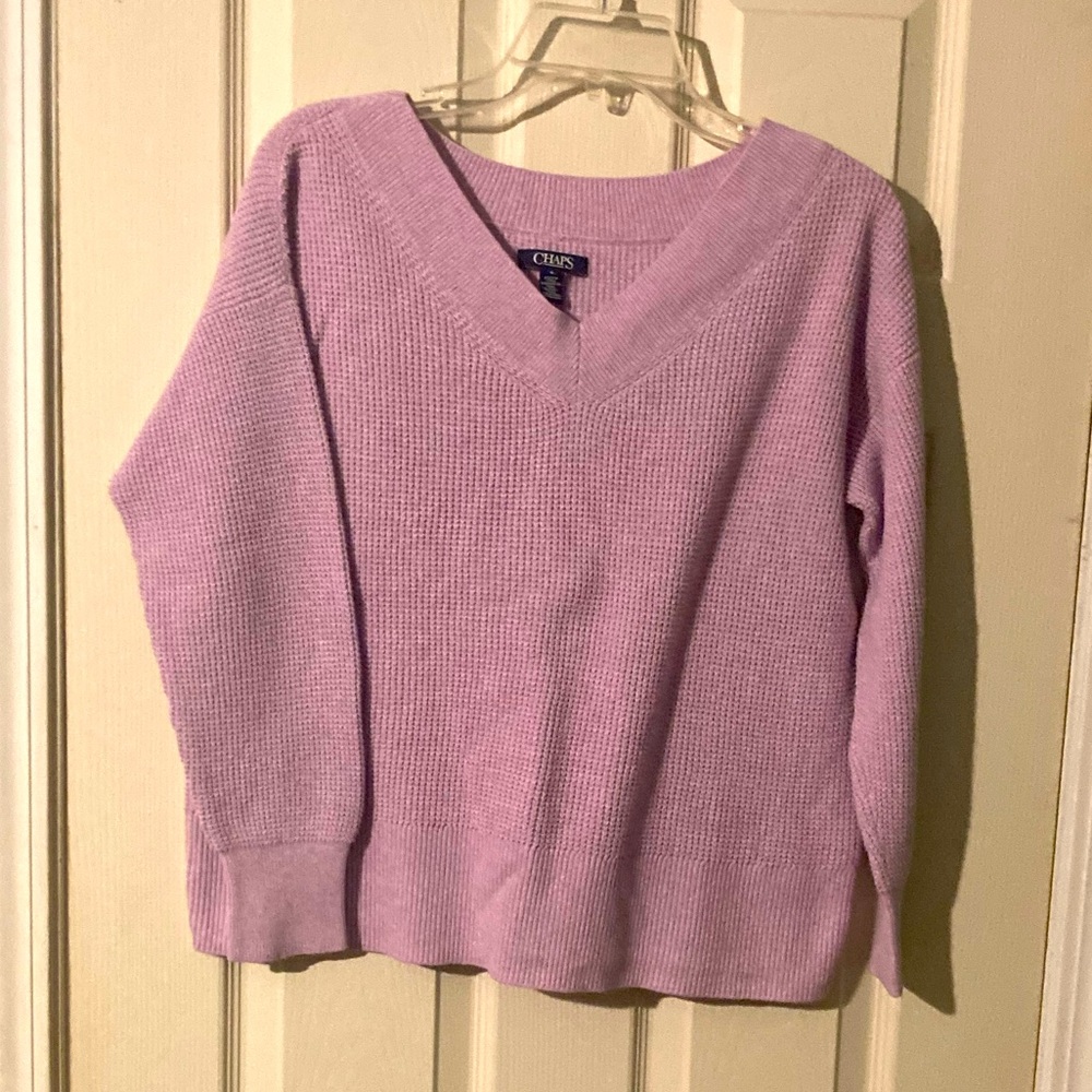 Chaps waffle weave v-neck sweater size medium cotton blend lilac pink purple